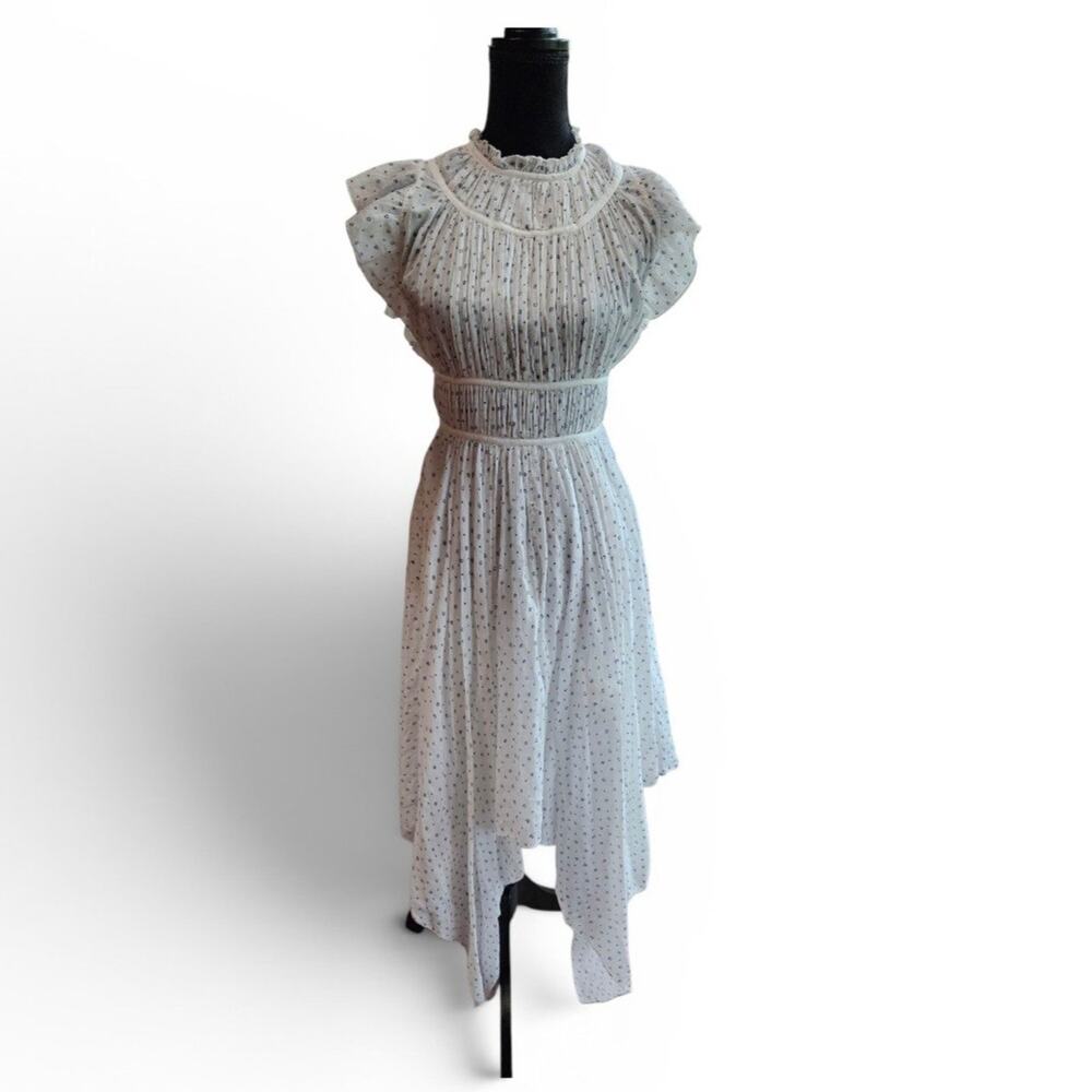 Ulla Johnson White/Blue Floral Handkerchief High Neck Flutter Sleeve Dress Sz 2 - Picture 5 of 12
